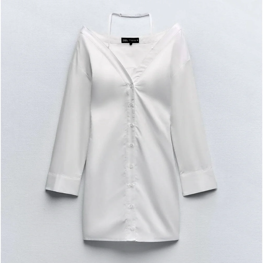Zara NWT gabardine white off the shoulder button front trench coat shirt dress - Picture 8 of 15